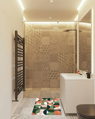 Mid Century Indoor Area Rug Doormat- Green Peachy Color Block Abstract Geometry Rug, Modern Art Rug for Living Room/Bedroom/Front Porch/Hallway/Farmhouse, 2'x3' in White Tiled Bathroom