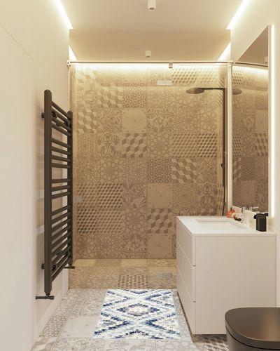 Lanffia Modern Geometric Bath Mat - 2x3 Small Kitchen Rug Doormat Faux Wool Non-Slip Washable Low-Pile Throw Carpet for Entryway Bedroom Laundry Room Decor, Blue in White Tiled Bathroom