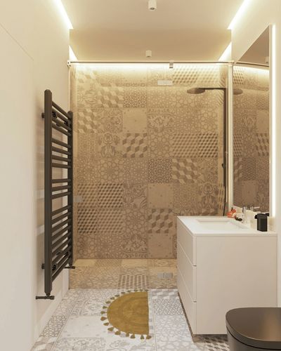 Boho Bathroom Rugs Half Circle Cotton Bath Mat with Tassels Hand-Woven Bohemian Rugs with Rug Non Slip Pad Washable Bath Rugs for Bathroom, Shower, Tub 20"x32", Half-Circle Mustard in White Tiled Bathroom