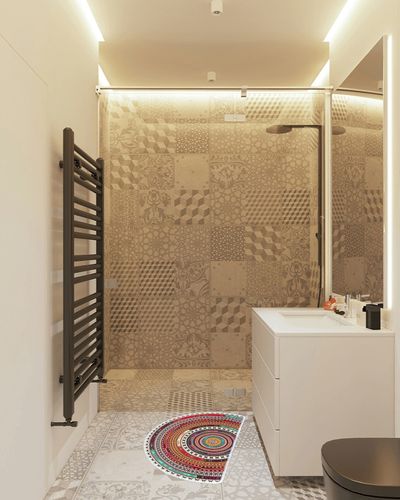 LOOSLOON 2 Pcs Boho Half Round Bath Mat,Non-Slip Absorbent Bathroom Rug,Washable Floor Mats,Bohemian Mandala Shower Rugs,for Indoor Floor, Bedroom,Tub, Front Door Entrance,30"×20" (b2) in White Tiled Bathroom