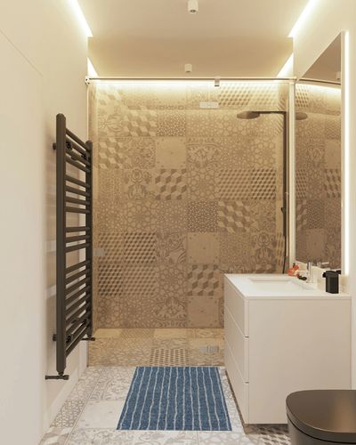 Novogratz Villa Collection Sicily Indoor/Outdoor Area Rug, 2'0" x 3'0", Blue, (Model: VILLAVI-03BLU2030) in White Tiled Bathroom