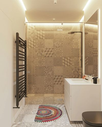 Boho Half Round Indoor Entrance Rug Doormats 36x24 Inches Absorbent Non-Slip Bedroom Front Back Outdoor Welcome for Entryway Machine Washable, Bohemia Ethnic Style Pattern in White Tiled Bathroom