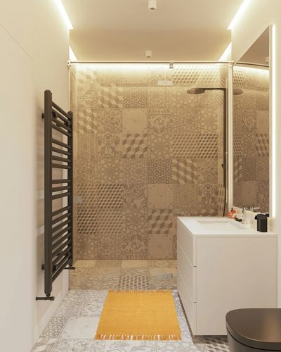 DII Woven Rugs Collection Ribbed Reversible Cotton, 2x3', Honey Gold & Off-White in White Tiled Bathroom