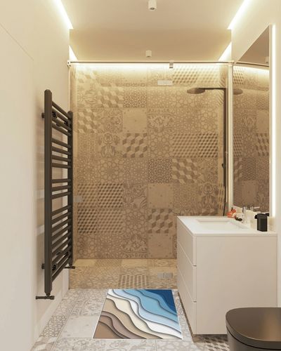 ARTSHOWING Gradient Large Area Rug 2' x 3', Durable Indoor Outdoor Rugs with Non-Slip Backing for Bedroom Living Room Nursery Kids Home Decor, Abstract Geometric Blue Brown Gradient in White Tiled Bathroom