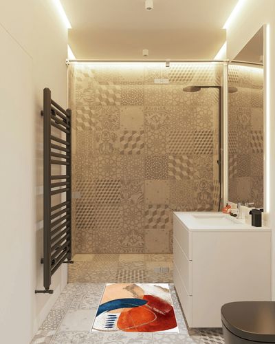 Rectangular Area Rug for Living Room, Bedroom, Blue Orange Red Boho Non-Slip Residential Carpet, Kitchen Rugs, Modern Geometric Abstract Art Middle Century Floor Mat with Rubber Backing 2' x 3' in White Tiled Bathroom