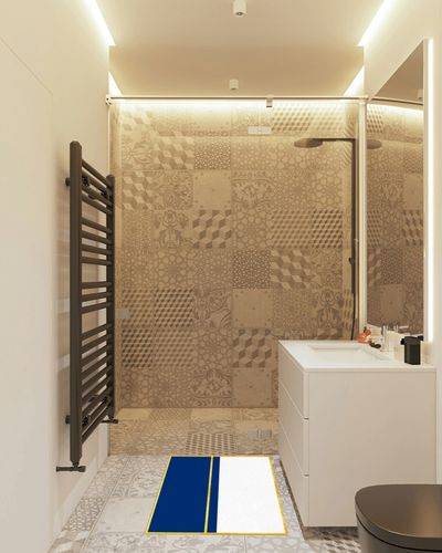 Area Rug for Bedroom Living Room- Navy Blue Yellow Stripes Geometric Modern Art Floor Carpet Comfy Runner Rug Nursery Playmats Home Decor Mat, 2'x3' in White Tiled Bathroom