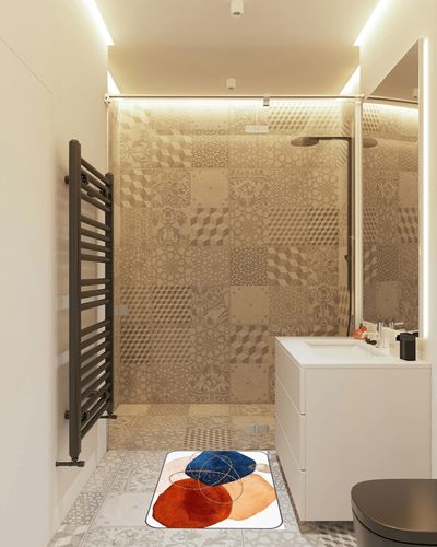 Large Area Rugs 2' x 3' Modern Throw Carpet Floor Cover Nursery Rugs for Children, Blue Orange Red Boho Indoor/Outdoor Rugs for Living Room/Bedroom Middle Century Modern Geometric Abstract Aesthetics in White Tiled Bathroom