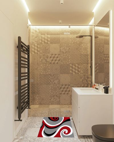 Rectangular Area Rug for Living Room, Bedroom, Red Black Non-Slip Residential Carpet, Kitchen Rugs, Modern Gray Moire Geometric Abstract Art Floor Mat with Rubber Backing 2' x 3' in White Tiled Bathroom