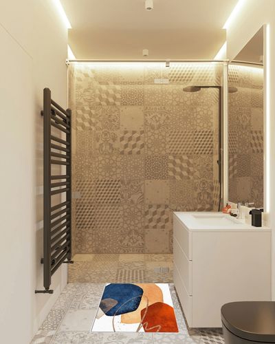 Geometric Rectangular Rug 2' x 3', Non-Slip Living Room Bedroom Dining Room Area Rug, Easy to Clean Carpet, Home Decor, Modern Abstract Art Blue Red Orange in White Tiled Bathroom