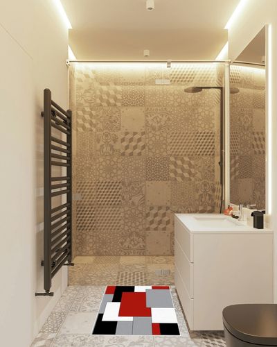 Black and Red Rug, Modern Geometric Area Rug, Red Rugs for Living Room, Non-Shedding Living Room Rugs, Area Rugs for Bedroom Decor Living Room Decor, Room Decor Aesthetic Carpet, 2x3 Feet Washable Rug in White Tiled Bathroom