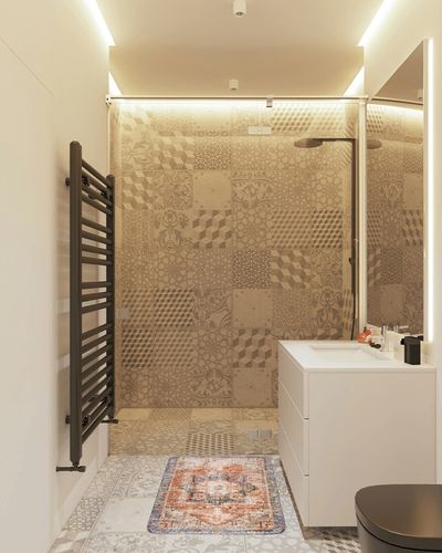 Estmy Terracotta Oriental Bathroom Rugs with Thicken Non-Slip Rubber Backing 20’’W x 31’’L, Boho Tribal Vintage Traditional Soft Velvet Absorbent Foam Bath Mat Rug Washable, Quick Drying in White Tiled Bathroom