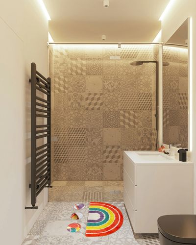 Bathroom Rugs, Jhua Half Round Area Rug Rainbow Indoor Floor Mat, Non Slip Half Circle Rug Fluffy Carpet, Soft Fuzzy Shaggy Throw Rugs for Living Room Bedroom Bathroom Kitchen Home Decor (31.5x19.7in) in White Tiled Bathroom