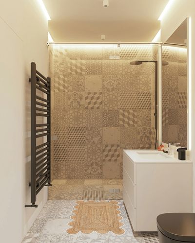 Weaving Village Scalloped Natural Jute Area Rug, Colored Trim in White Tiled Bathroom