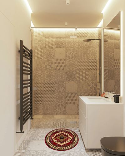 SUPERIOR Folk Diamond Rustic Eclectic Bohemian Power-Loomed Indoor Area Rug, 5' Round, Red in White Tiled Bathroom