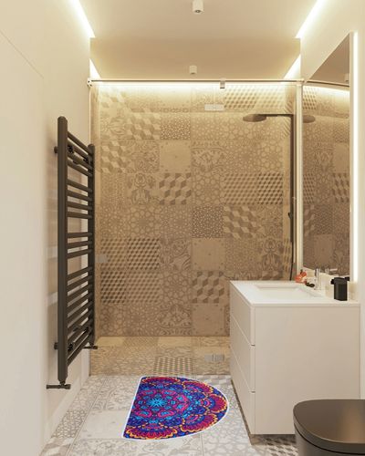 Boho Half Round Indoor Entrance Rug Doormats 36x24 Inches Absorbent Non-Slip Bedroom Front Back Outdoor Welcome for Entryway Machine Washable, Bohemian Red Blue Flower Pattern in White Tiled Bathroom