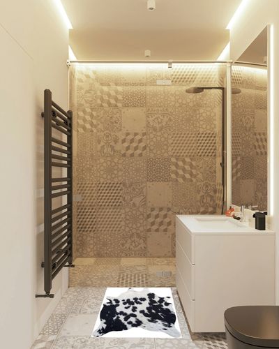 Genuine Mini Cowhide Rug Black and White 24 x 35 inches 90 x 60 cm in White Tiled Bathroom
