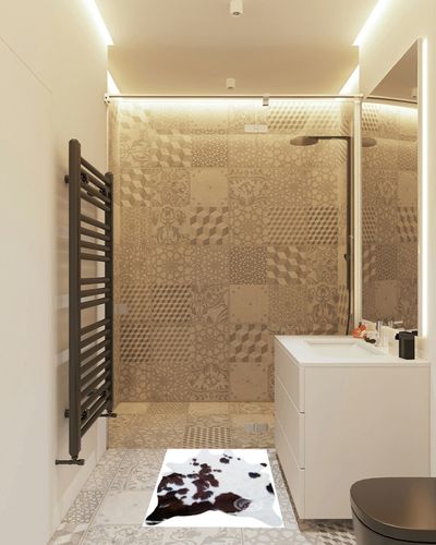 Genuine Mini Cowhide Rug Tricolor Small Hair on Cow Hide 24 x 35 inches 90 x 60 cm in White Tiled Bathroom