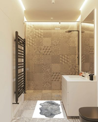 Deluxe Cowhides - Sheep Skin - Grey Mongolian Sheep Skin Rug Size ~ 35X20 inches or 89X50 cm in White Tiled Bathroom