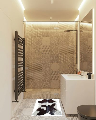 Genuine Calfskin Chocolate Dark Brown and White Calf Hide Cow Skin Cowhide Rug Leather Area Rug 3 x 3 ft. in White Tiled Bathroom