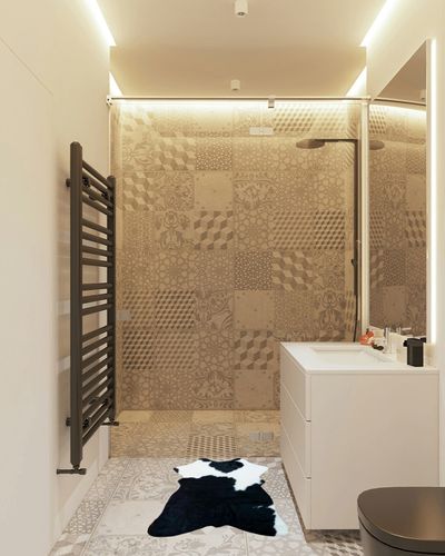 rodeo Genuine Mini Black and White Cowhide Rug Size Approx 2 x 3 ft in White Tiled Bathroom