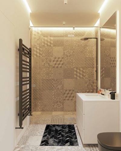 2023 Handmade Collection Cowhide Leather Doetie Mid-Century Modern Rug Cowhide Leather Patchwork Solid Black Rug Cow Skin Rug Home Decor (2X3) in White Tiled Bathroom