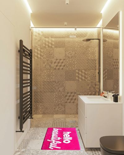 Evovee Hello Beautiful Bath Mat Hot Pink Peach Coral Magenta Cute Bathroom Rugs for Girls You Look Good Gorgeous Funny Shower Fun Bathroom Decor Non-Slip Washable Kids Women Dark Pink in White Tiled Bathroom