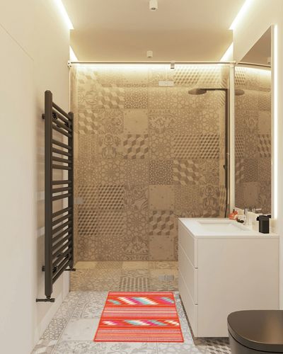 Dash and Albert Chester Kilim Handwoven Wool Rug, 2 X 3 Feet, Yellow/Orange/Blue Stripe Pattern in White Tiled Bathroom