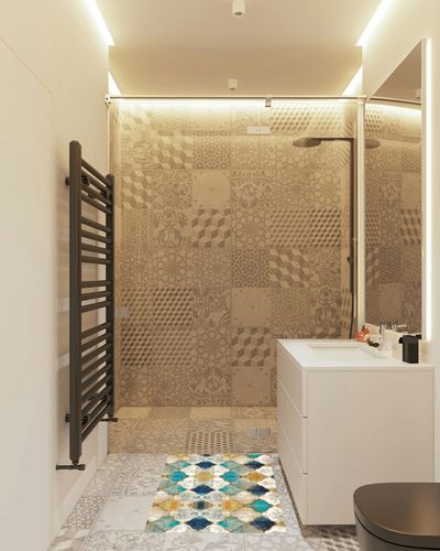 FINOREN Artistic Abstract Area Rug.Lattice-Lake Blue,2x3 Feet,Suitable for Bedroom,Living Room,Apartment,Machine Washable Non-Slip Soft Modern Interior Rug,Smudge-Proof,Non-Shedding. in White Tiled Bathroom