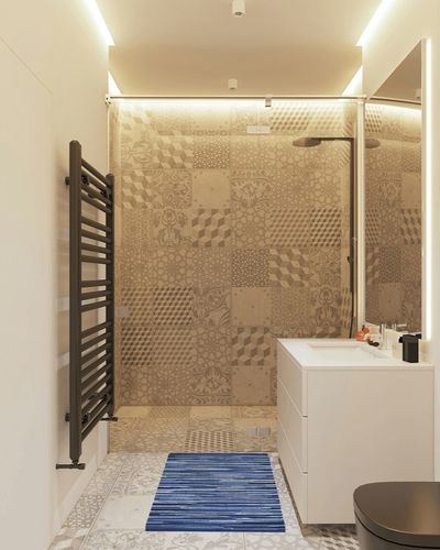 Bedding Craft Hand Made Woven Tonal Chindi Rugs 24x36 - Inch Rectangle Area Rugs, Reversible Farmhouse Area Rugs, Braided Chindi Cotton Area Rugs - Blue Multi in White Tiled Bathroom