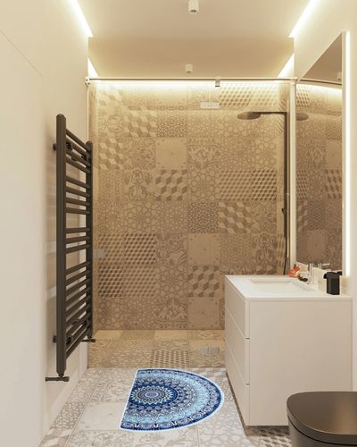 Boho Half Round Indoor Entrance Rug Doormats 36x24 Inches Absorbent Non-Slip Bedroom Front Back Outdoor Welcome for Entryway Machine Washable, Bohemian Blue Pattern in White Tiled Bathroom