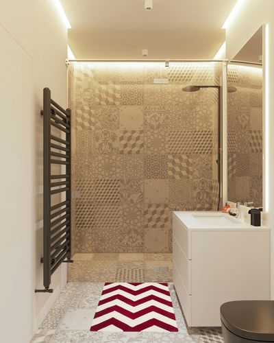 SAFAVIEH Chatham Collection Accent Rug - 2' x 3', Red & Ivory, Handmade Chevron Wool, Ideal for High Traffic Areas in Entryway, Living Room, Bedroom (CHT715G) in White Tiled Bathroom