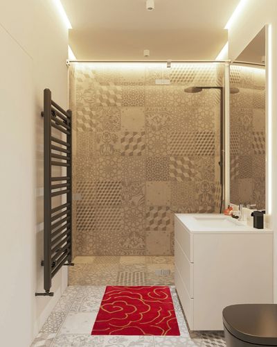 SAFAVIEH Soho Collection 2' x 3' Red SOH812A Handmade Premium Wool & Viscose Accent Rug in White Tiled Bathroom