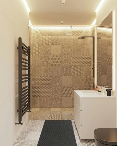 Cinder Gray Town Square  Living Room Runner in White Tiled Bathroom