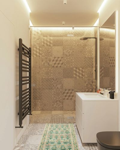 Rifle Paper Co. x Loloi Eden Collection EDE-01 Mughal Rose Moss 2'-0" x 5'-0" Accent Rug feat. CloudPile in White Tiled Bathroom