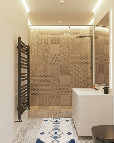 Rug Branch Savannah Contemporary Boho Blue Beige Indoor Doormat Rug for Living ... in White Tiled Bathroom