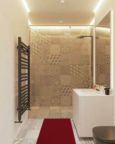 Machine Washable Modern Solid Design Non-Slip Rubberback 2x5 Traditional Runner Rug for Hallway, Kitchen, Bedroom, Entryway, 20" x 59", Red in White Tiled Bathroom