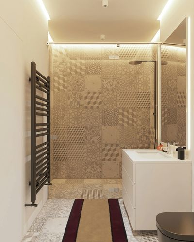 Minuteman International Contemporary II Berry Wool Hearth Rug, Rectangular in White Tiled Bathroom