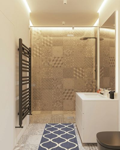 Maples Rugs Rebecca Contemporary Runner Rug Non Slip Hallway Entry Carpet [Made in USA], 1'9" x 5', Indigo Blue in White Tiled Bathroom