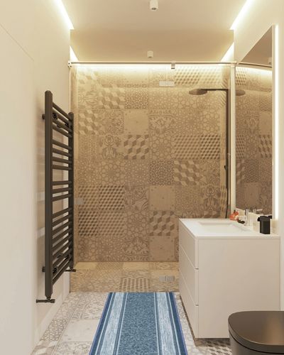 Machine Washable Bordered Design Non-Slip Rubberback 2x5 Traditional Runner Rug for Hallway, Kitchen, Bedroom, Entryway, 20" x 59", Blue in White Tiled Bathroom