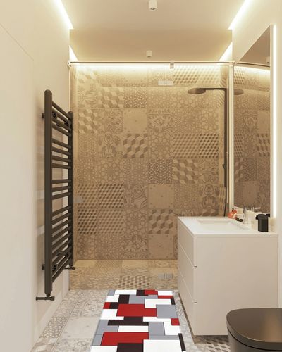 Hallway Runner Rug,Mid Century Abstract Geometric 3D Digital Print Red Gray Non Slip Water Absorbent Rug Indoor Entrance Floor Mat Runner for Home Garage Kitchen Laundry 19.7x63in in White Tiled Bathroom