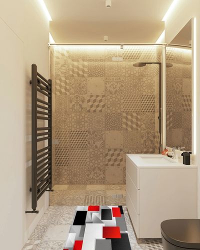 Hallway Runner Rug,Abstract 3D Geometric Pattern Square Red Black Gray Non Slip Water Absorbent Rug Indoor Entrance Floor Mat Runner for Home Garage Kitchen Laundry 18x59in in White Tiled Bathroom