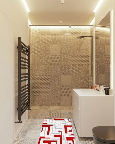 Hallway Runner Rug,Mid Century Geometric Pattern Red Gray White Modern Art Christmas Non Slip Water Absorbent Rug Indoor Entrance Floor Mat Runner for Home Garage Kitchen Laundry 19.7x63in in White Tiled Bathroom