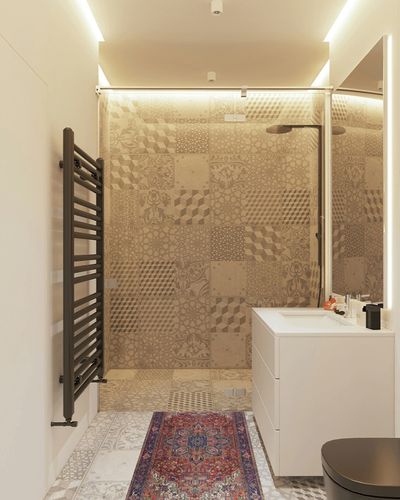 Fame Rugs Vintage Bohemian Area Rugs for Living Room, Bedroom, Red Terracotta Burgundy, 2'4" x 4'9" in White Tiled Bathroom