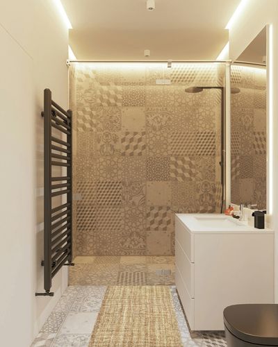 Natural Contemporary Reversible Living Room Area Rug in White Tiled Bathroom