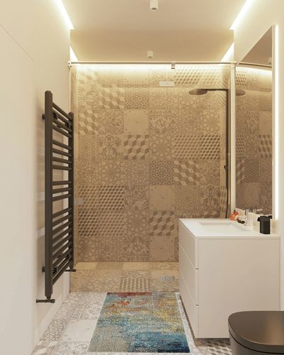 Nourison Celestial Modern Abstract Sealife 2'2" x 3'9" Area Rug in White Tiled Bathroom