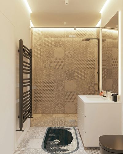 Cozy Cabin Papa Bear Accent Rug, 20"x44", Gray in White Tiled Bathroom