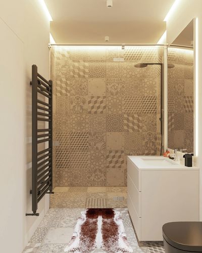 Keeko Cowhide Rugs, 2.3x3.6ft Premium Suede Faux Cowhide Rug, Small Cow Area Rugs with Non-Slip Backing,Non-Rolling Up Bedroom Rugs for Western Decor, Reddish Brown in White Tiled Bathroom