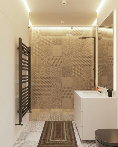 VHC Brands Tea Cabin Jute Rectangular Rug 27x48 Country Braided Flooring, Moss Green and Deep Red in White Tiled Bathroom