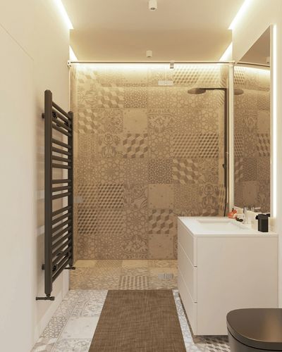 Plow & Hearth Dalton 2x3'6" Fireproof Hearth Rug | Mocha | Wool Blend Fireplace Mat | Protect Home Décor Hardwood Floor and Carpet from Sparks and Embers Wood Stove in White Tiled Bathroom