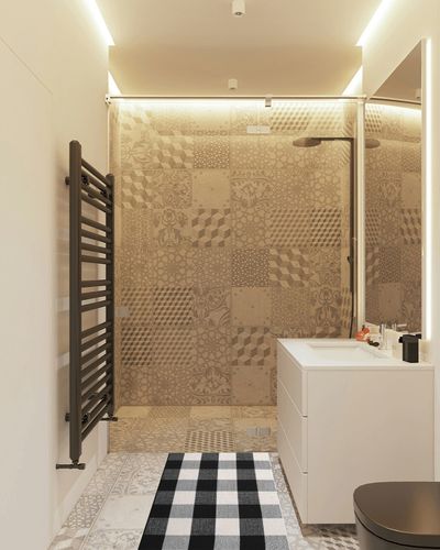 KIMODE Buffalo Plaid Outdoor Rug Runner Doormat 24'' x 51", Black/White Cotton Woven Checkered Farmhouse Porch Outdoor Rugs, Washable Indoor Door Mat for Front Layered Kitchen Bathroom Laundry Room in White Tiled Bathroom